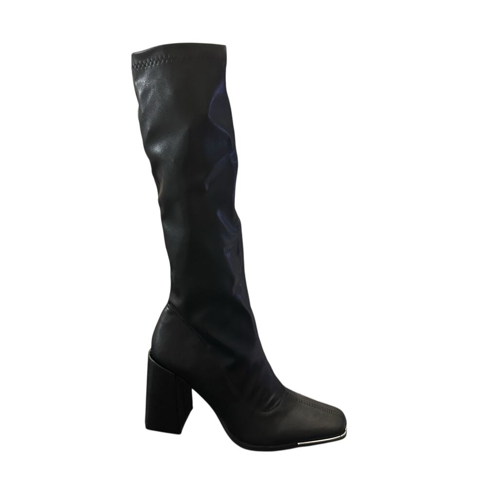 Pretty Little Thing Black Boots Square Toe Silver Calf Heeled Sock Boots Size 7 - Picture 5 of 8